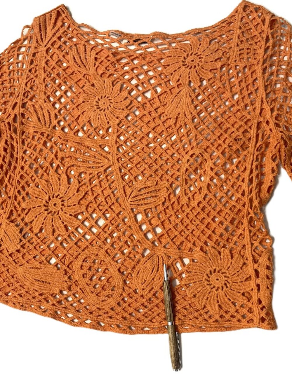 Paparazzi Crochet Mesh Open Knit Top Orange Med Long Sleeve Boho Festival Beach - Picture 15 of 16